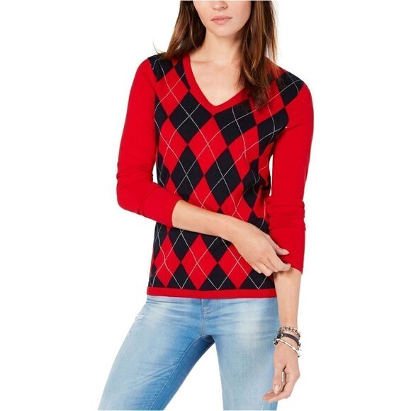Tommy Hilfiger Red Essential Argyle Knit Long Sleeve Sweater S - Picture 1 of 6